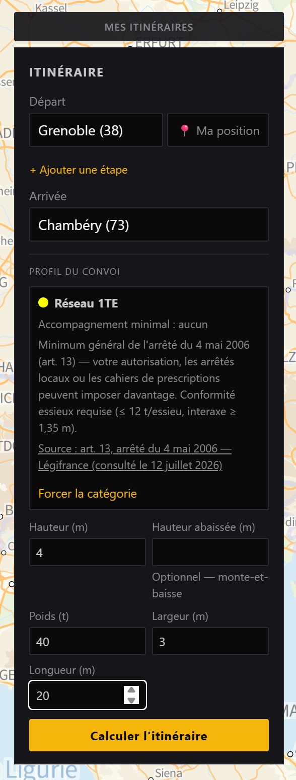 Route builder form: origin, destination and convoy network category